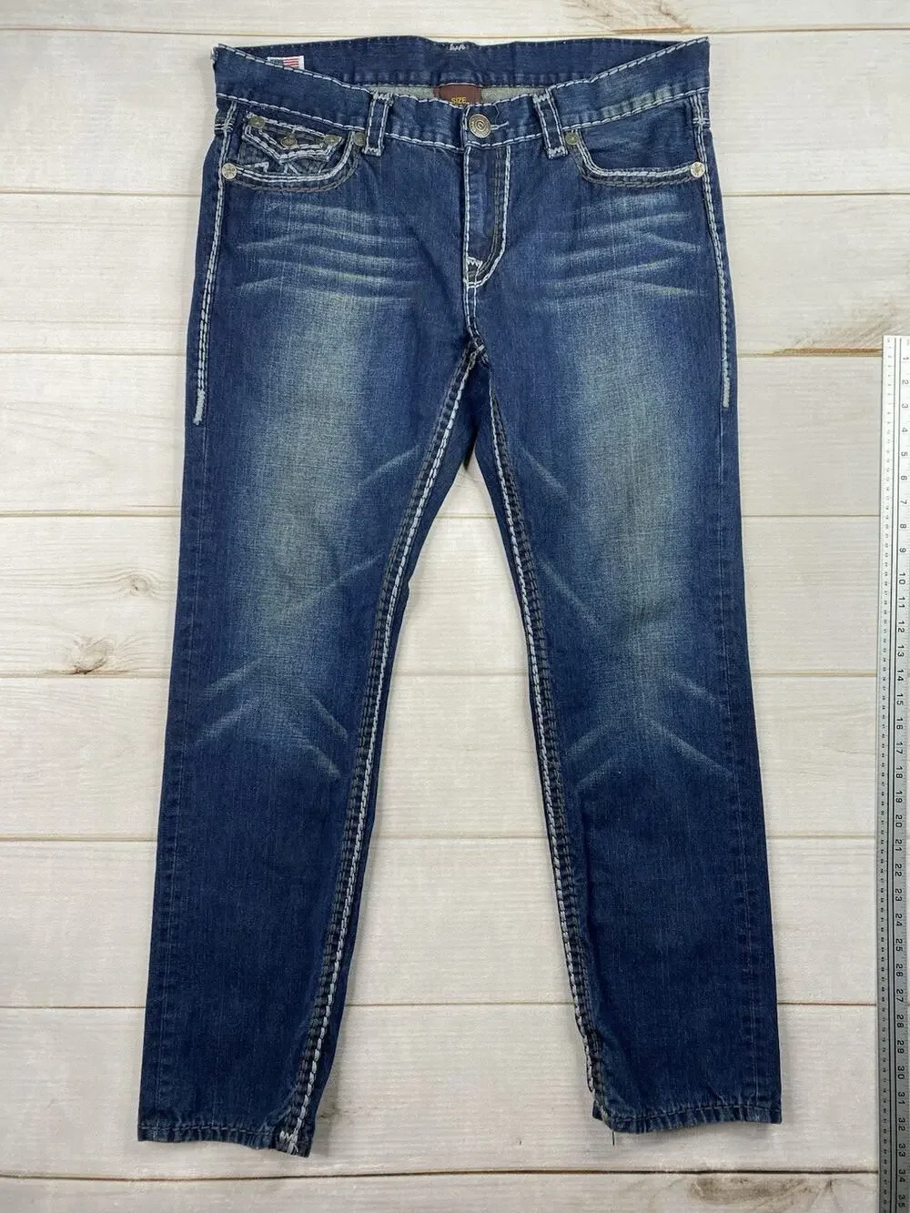 True Religion Billy Jeans 38 Dark Distressed Straight Contrast Embroidery USA